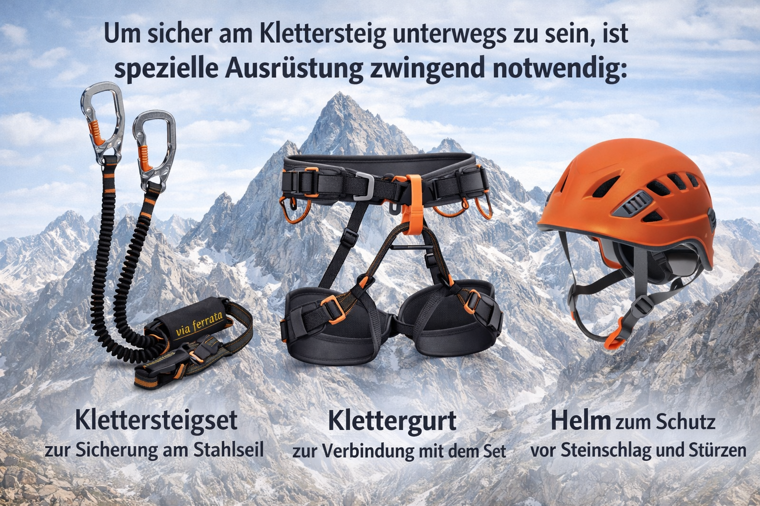 Grundausrüstung für den Klettersteig mit Klettersteigset, Klettergurt und Helm