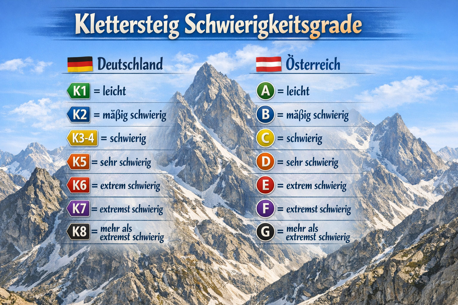 Übersicht der Klettersteig-Schwierigkeitsgrade in Deutschland und Österreich